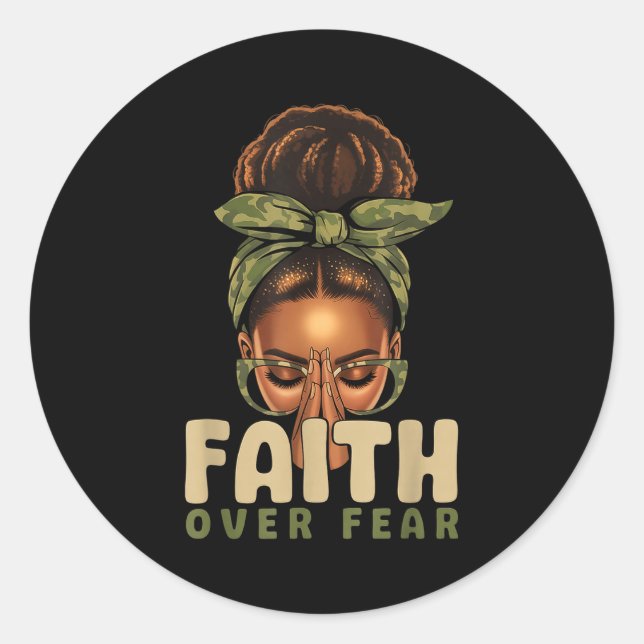 Pegatina Redonda Faith Over Fear Christian Camo African American Af (Anverso)