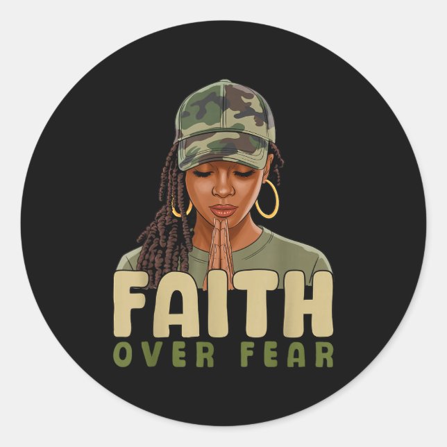 Pegatina Redonda Faith Over Fear Christian Camo African American Af (Anverso)
