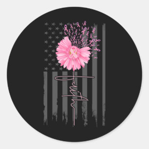 Pegatina Redonda Faith Pink Ribbon Daisy Flower American Flag Breas