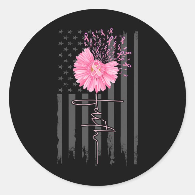 Pegatina Redonda Faith Pink Ribbon Daisy Flower American Flag Breas (Anverso)