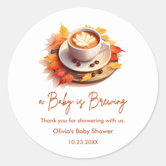 Pegatina Redonda Fall Autumn Baby is Brewing Baby Shower Thank You  (Anverso)