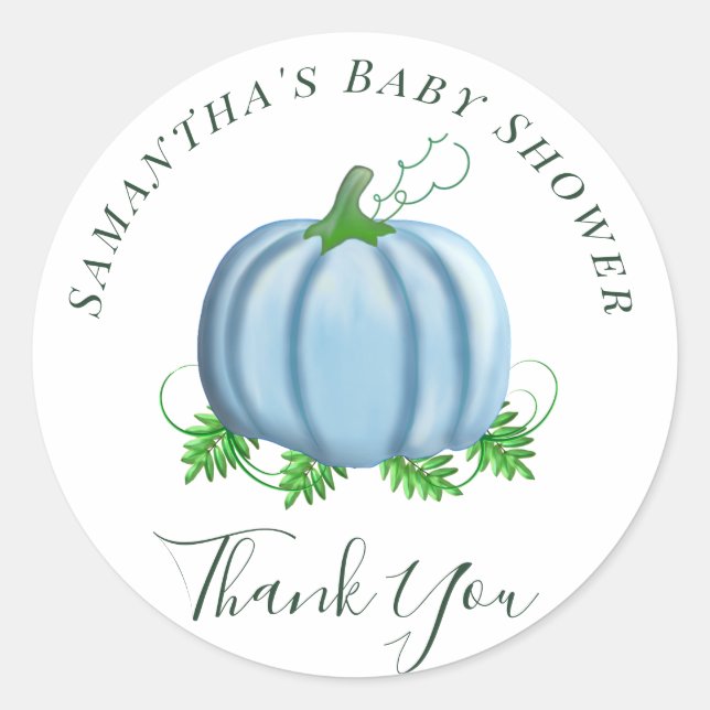 Pegatina Redonda Fall Blue Pumpkin Baby Shower Boy (Anverso)