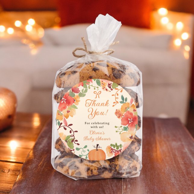 Pegatina Redonda Fall Bow Boho calabaza florida gracias a la ducha  (Fall Bow Boho pumpkin floral thank you baby shower Classic Round Sticker on cream)