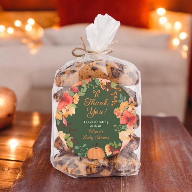 Pegatina Redonda Fall Bow Boho calabaza florida gracias a la ducha  (Fall Bow Boho pumpkin floral thank you baby shower Classic Round Sticker on green)