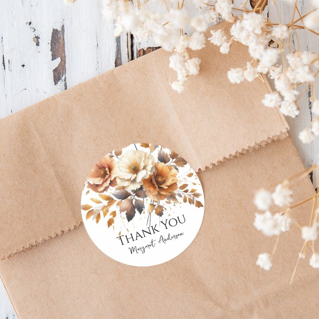 Pegatina Redonda Fall Brown Floral Elegante Personalizada Gracias (Personalized Fall Brown Floral Elegant Thank You Sticker for Birthday Party or other occasions.)