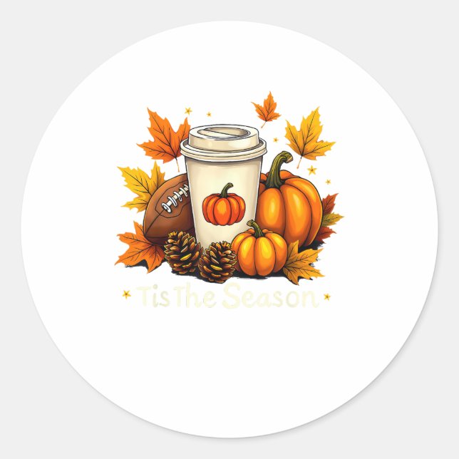 Pegatina Redonda Fall Football Tis The Season Pumpkin Autumn Coffee (Anverso)