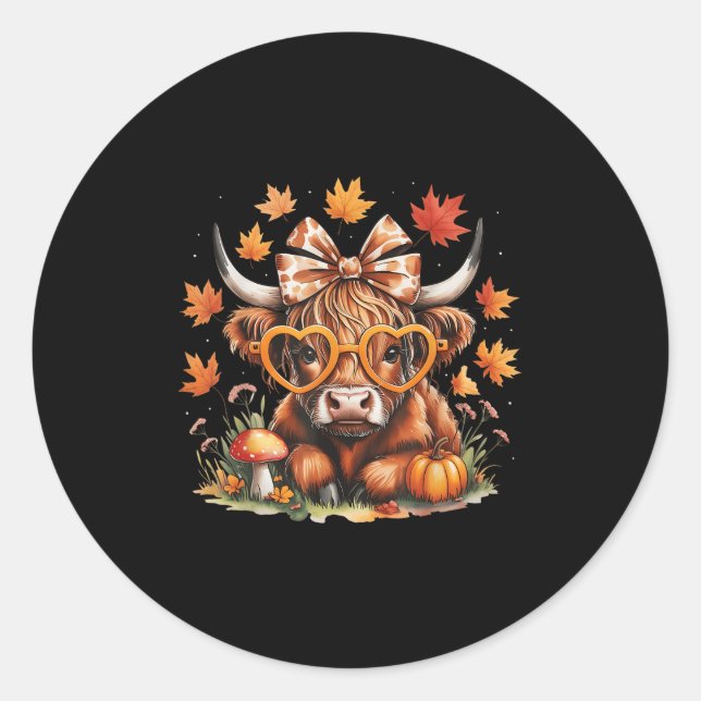 Pegatina Redonda Fall Highland Cow Pumpkin Bow Thanksgiving Fall Gi (Anverso)