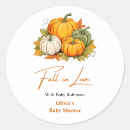 Pegatina Redonda Fall in Love Autumn Rustic Pumpkin Baby Shower