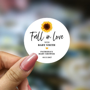 Pegatina Redonda Fall in Love Sunflower Baby Shower