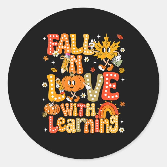 Pegatina Redonda Fall In Love With Learning Autumn Thanksgiving Pum (Anverso)