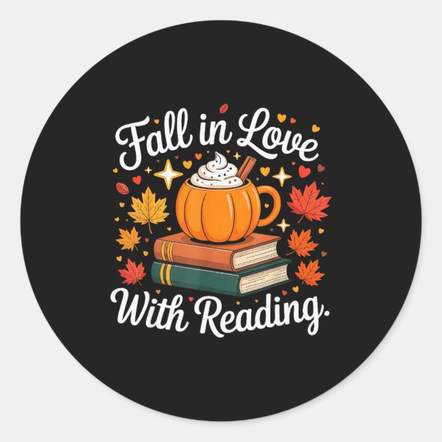 Pegatina Redonda Fall In Love With Reading Autumn Pumpkin Mug Book  (Anverso)