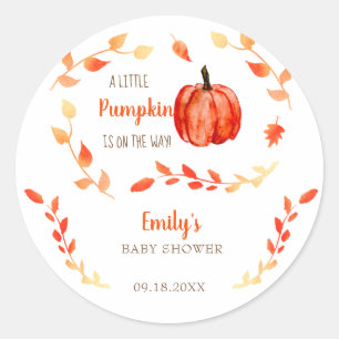 Pegatina Redonda Fall Little Pumpkin Baby Shower Watercolor Foliage