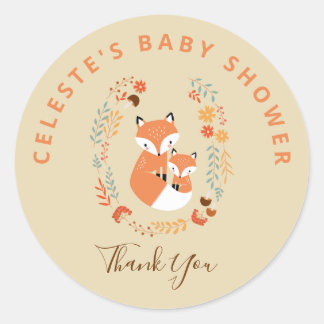 Pegatina Redonda Fall Mom and Baby Fox Baby Shower