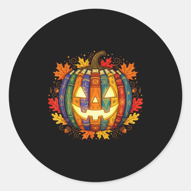 Pegatina Redonda Fall Pumpkin Book Lover, Soky Librarian Teacher Ha (Anverso)
