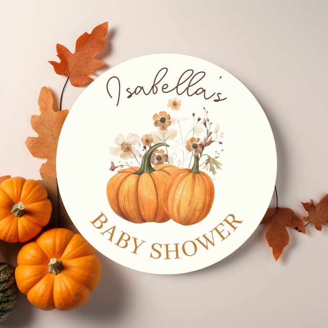 Pegatina Redonda Fall Pumpkin Floral Baby Shower (Fall Pumpkin Floral Round Sticker)