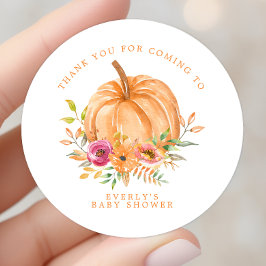 Pegatina Redonda Fall Pumpkin Floral Baby Shower Gracias
