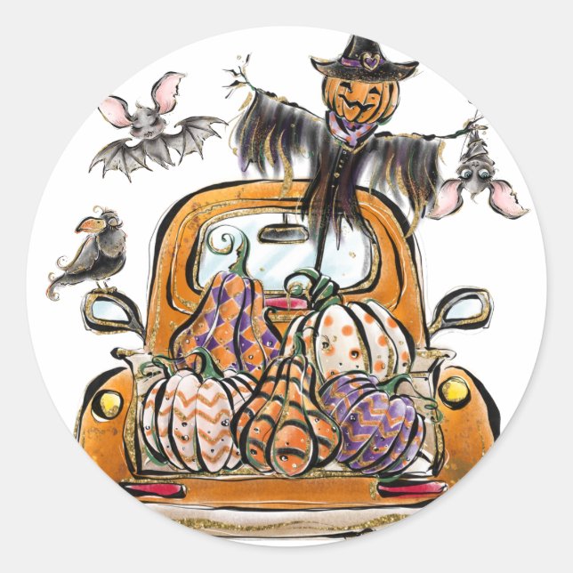 Pegatina Redonda Fall Pumpkin Patch Truck with bats scarecrow bird  (Anverso)