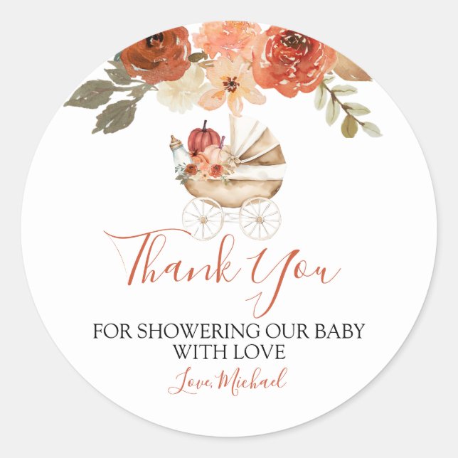 Pegatina Redonda Fall Pumpkin Stroller Floral Baby Shower Thank You (Anverso)