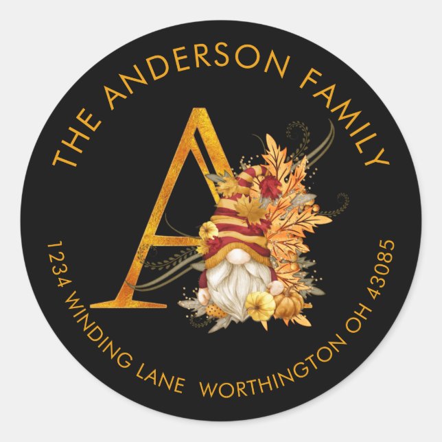 Pegatina Redonda Fall Season Gnome Monogram Letter A Address Label (Anverso)