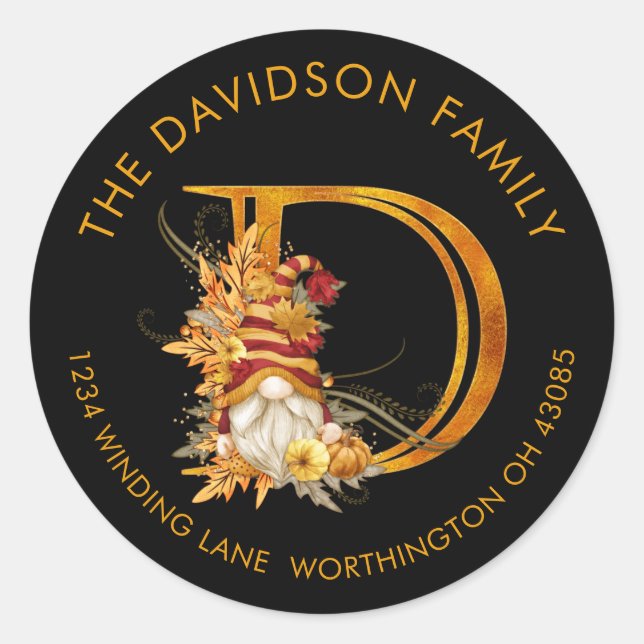 Pegatina Redonda Fall Season Gnome Monogram Letter D Address Label (Anverso)