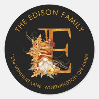 Pegatina Redonda Fall Season Gnome Monogram Letter E Address Label