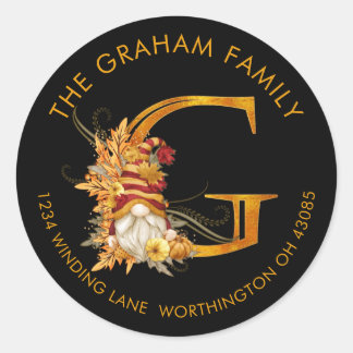 Pegatina Redonda Fall Season Gnome Monogram Letter G Address Label