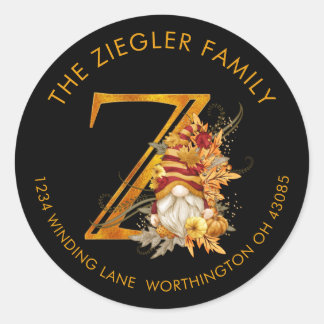 Pegatina Redonda Fall Season Gnome Monogram Letter Z Address Label