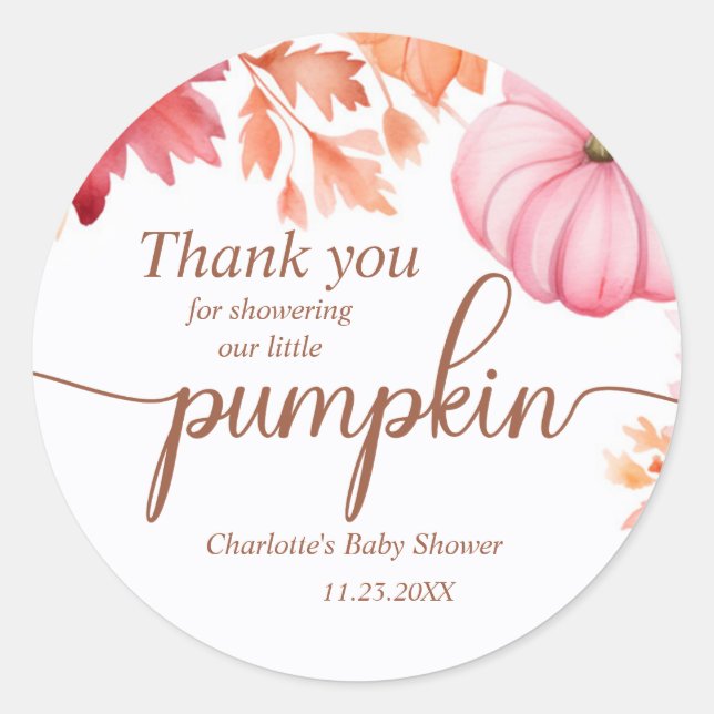 Pegatina Redonda Fall Watercolor Pumpkin Baby Shower (Anverso)