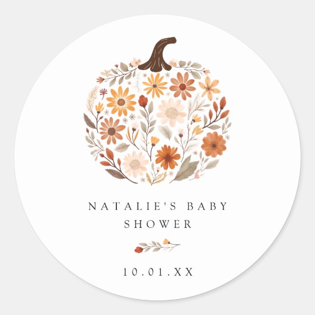 Pegatina Redonda Fall Wildflower Pumpkin Baby Shower (Anverso)