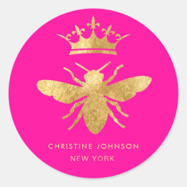 Pegatina Redonda falso efecto metálico reina abeja en rosa neón