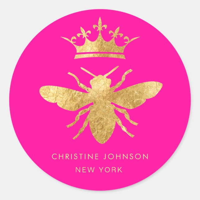 Pegatina Redonda falso efecto metálico reina abeja en rosa neón (Anverso)