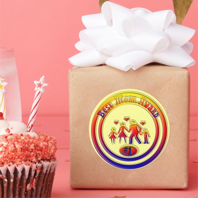 Pegatina Redonda Familia Arcoiris Best Mom Award (Fiesta)