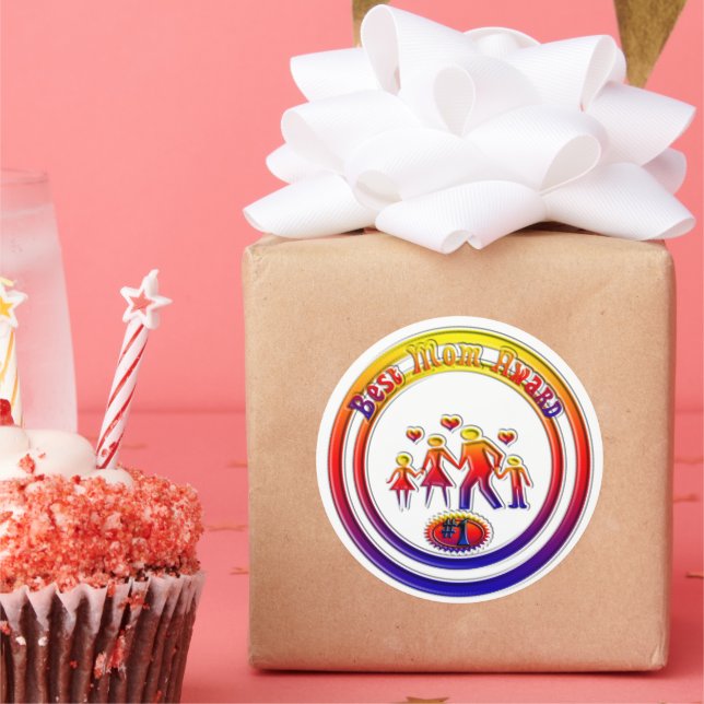 Pegatina Redonda Familia Arcoiris Best Mom Award (Fiesta)