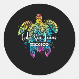 Pegatina Redonda Familia Cabo San Lucas Tie Dye Sea Turtle