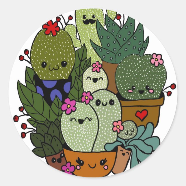 Pegatina Redonda familia cactus (Anverso)