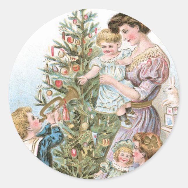 Pegatina Redonda Familia con árbol de Navidad (Anverso)