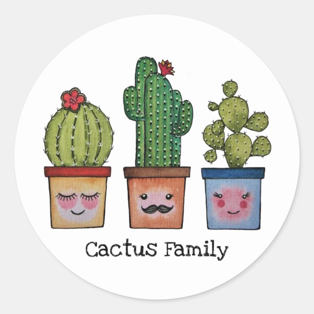 Pegatina Redonda Familia Cute Cactus En Acuarela (Anverso)