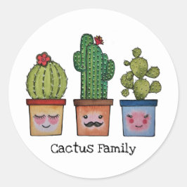 Pegatina Redonda Familia Cute Cactus En Acuarela