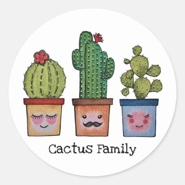 Pegatina Redonda Familia Cute Cactus En Acuarela (Anverso)