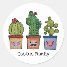 Pegatina Redonda Familia Cute Cactus En Acuarela
