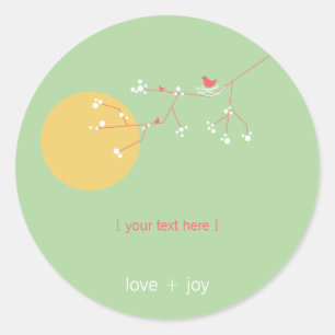 Pegatina Redonda Familia De Aves De Anidación En Ramas Simple Baby