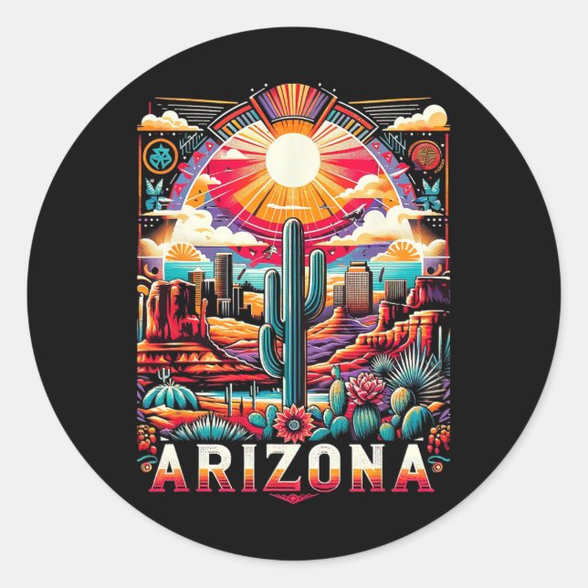 Pegatina Redonda Familia De Cactus Del Desierto Retro De Arizona (Anverso)