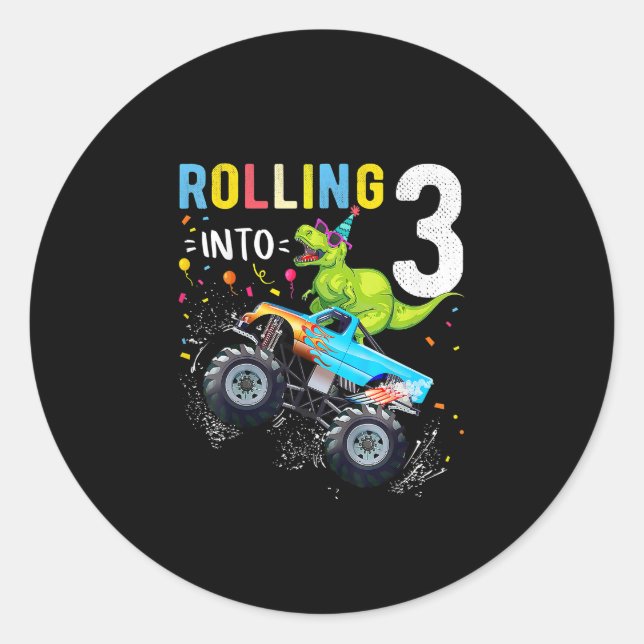 Pegatina Redonda Familia de Camiones Monstruos Dinosaurios de 3 año (Anverso)