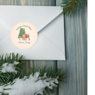 Pegatina Redonda Familia de ciervos personalizada de Navidad