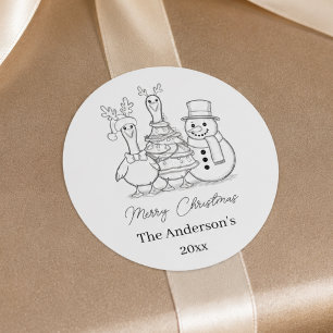 Pegatina Redonda Familia de gansos de Navidad Doodle negro blanco m