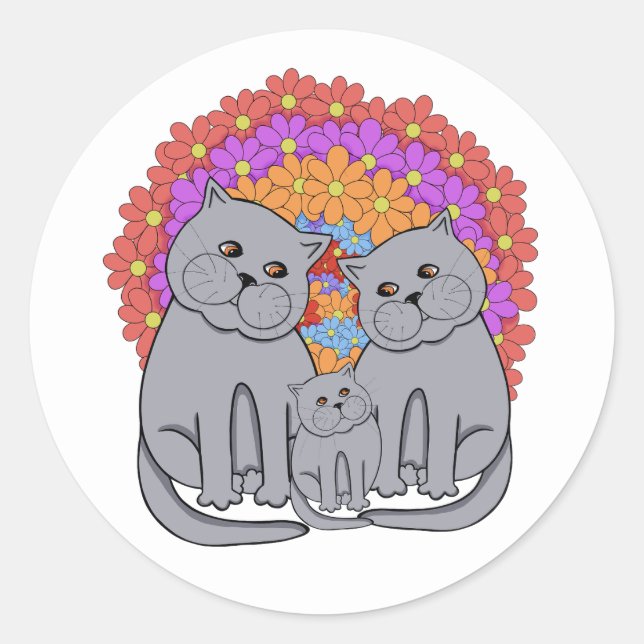 Pegatina Redonda Familia de gatos. (Anverso)