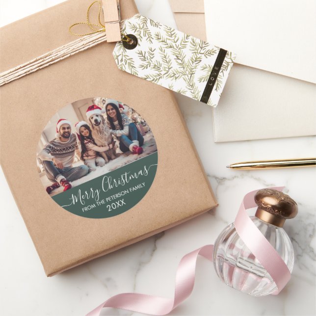 Pegatina Redonda Familia de guiones modernos foto Navidad Feliz Fel (Regalar)