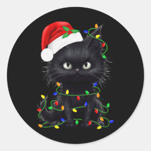 Pegatina Redonda Familia de Navidades de gato negro con pijamas
