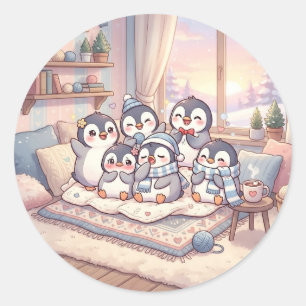 Pegatina Redonda Familia de Pingüinos Acogedores Sticker de Inviern