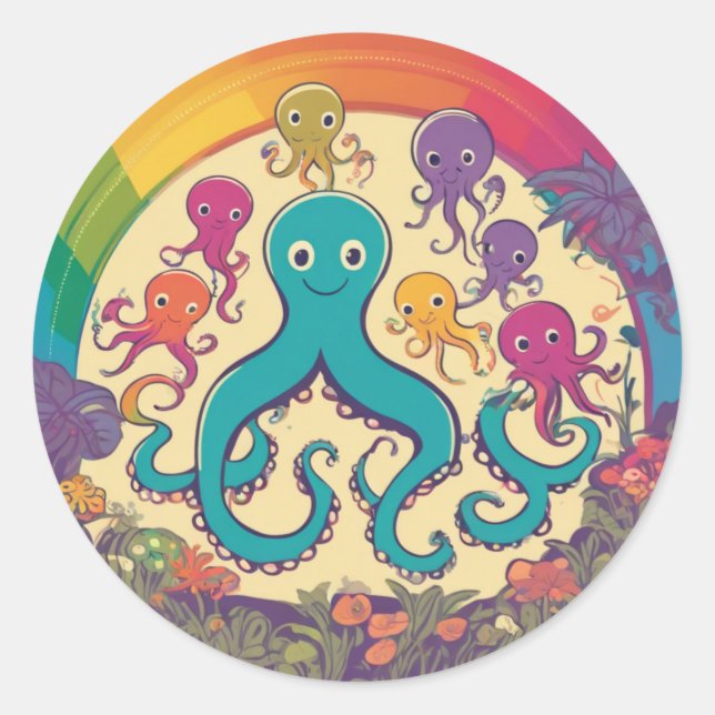 Pegatina Redonda Familia de pulpo cutáneo (Anverso)